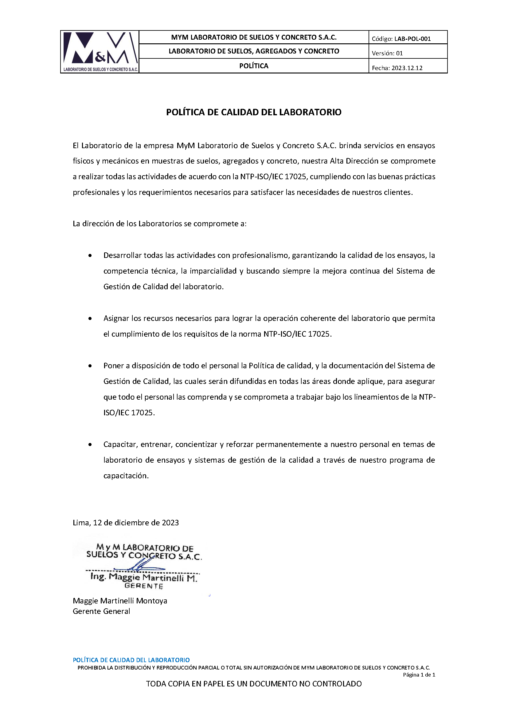 POLITICA DE CALIDAD DE LABORATORIO